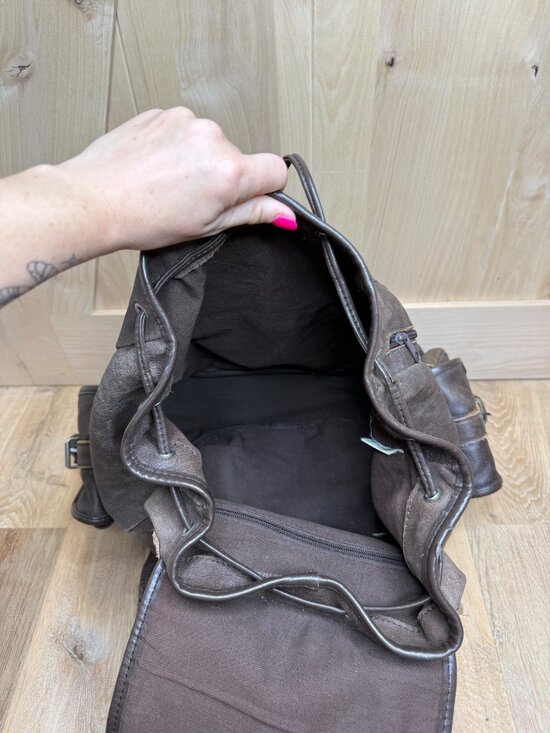 Vintage XL Genuine Cowhide Leather Backpack Brown Drawstring Buckle Flap Multi P main image 6